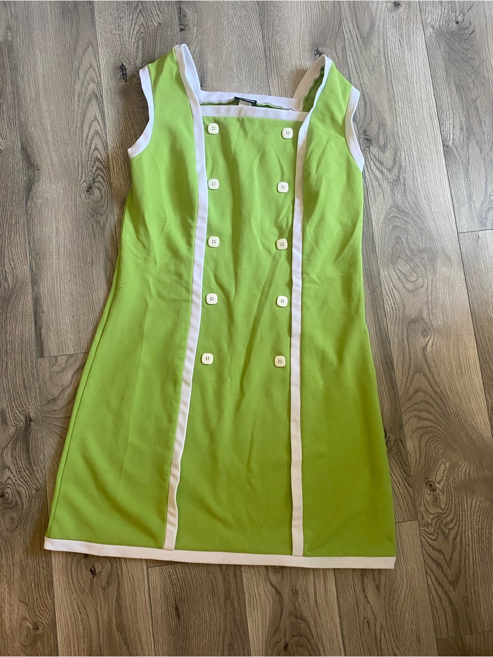 Sleeveless Lime Green Shift Dress with White Trim